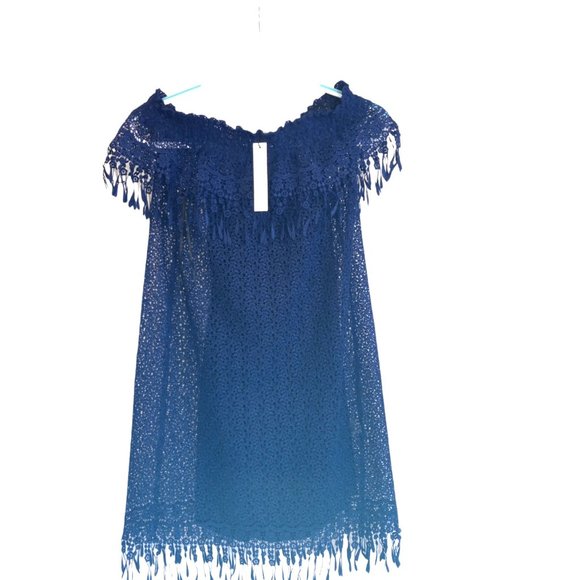 Elie Tahari Dress Blue Size 4 NWT Crochet Off Shoulder Tank Overlay MSRP $398 - Picture 2 of 14